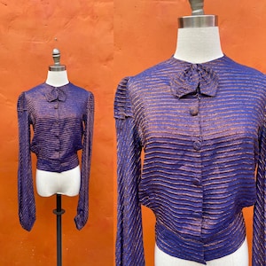 Vintage 1930s Silk Blouse with metallic threads 1940s blouse shirt top bow. Size xs small 0 2 4