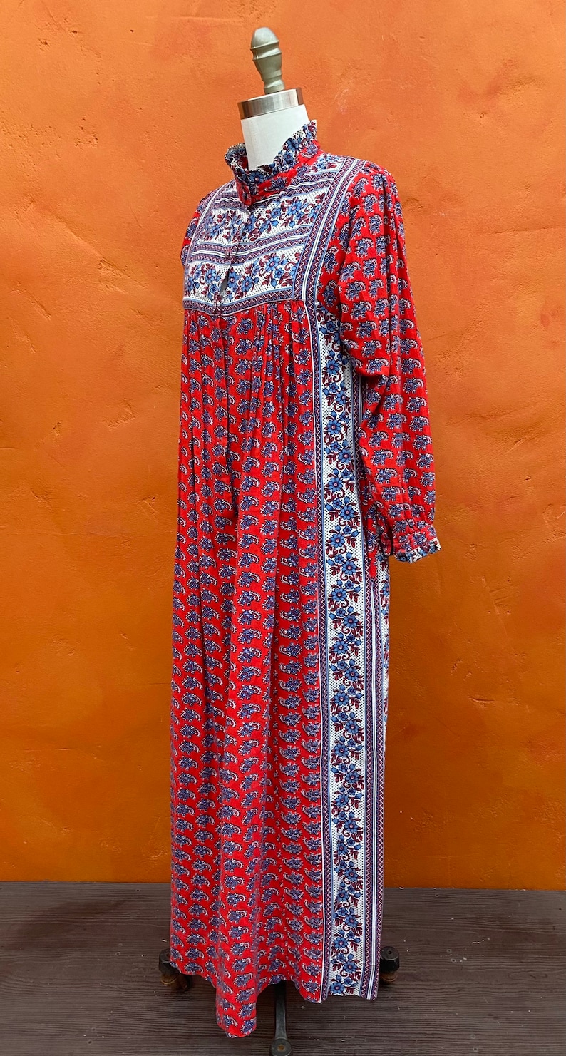 Vintage 1970s Ramona Rull Dress Cotton Hand Blocked Print Caftan Maxi Boho bohemian dress xs small Size 0 2 4 6 image 6