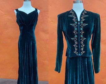 Vintage 1930s Silk Velvet Dress + Matching beaded Jacket Party Cocktail maxi. New York Creation. N.Y. Dress Institute