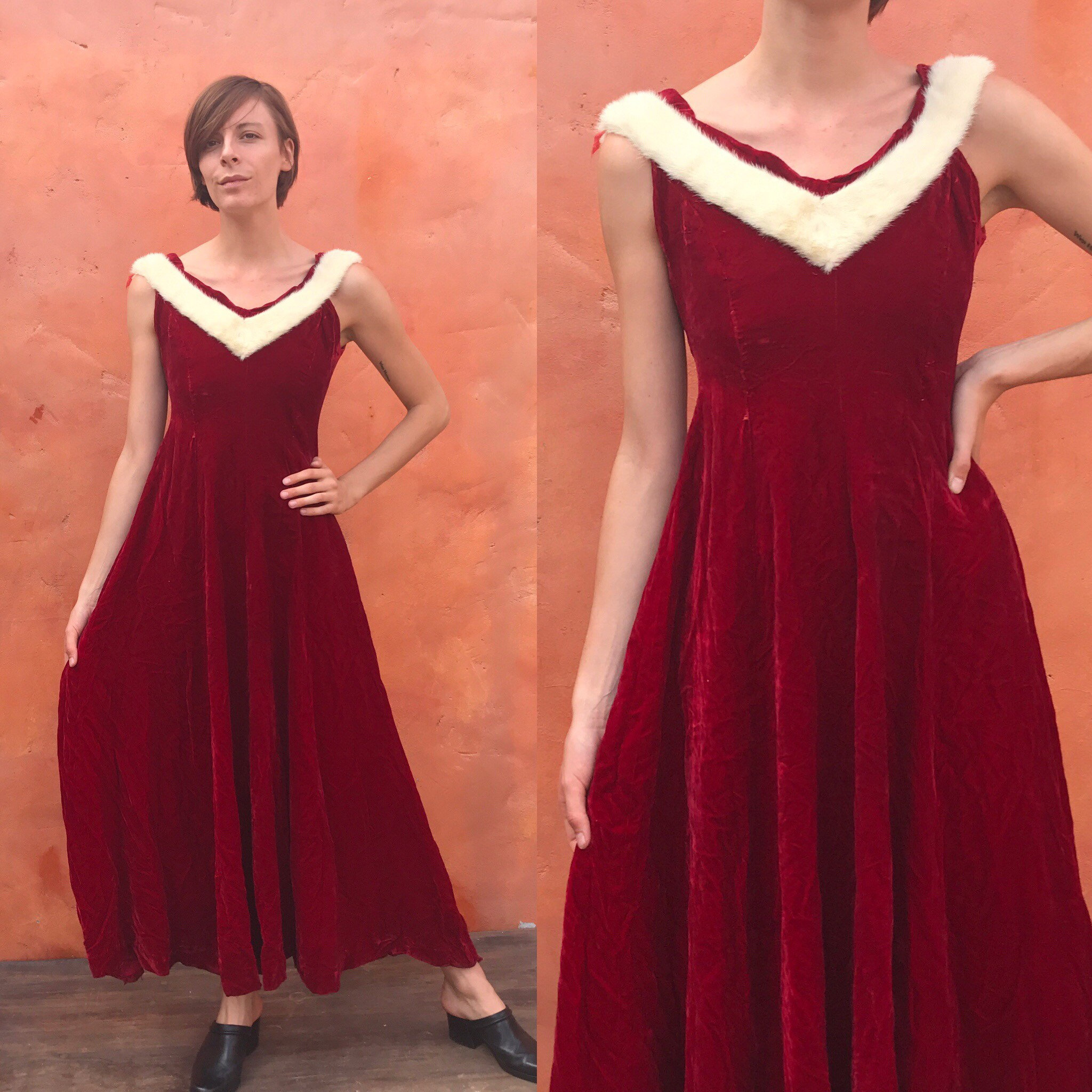 red velvet dress with white fur trim