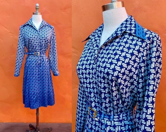 Vintage 1970s Ombre Opart Print Dress. Mod scooter dress. Vintage 1970s belted dress. Medium Size 8 10