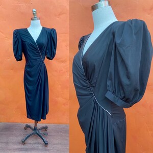 Vintage 1980s does 1940s Black Dress. Party Dress Cocktail Dress Pinup Dress 1940s Rhinestone trim Small Medium Size 6 8