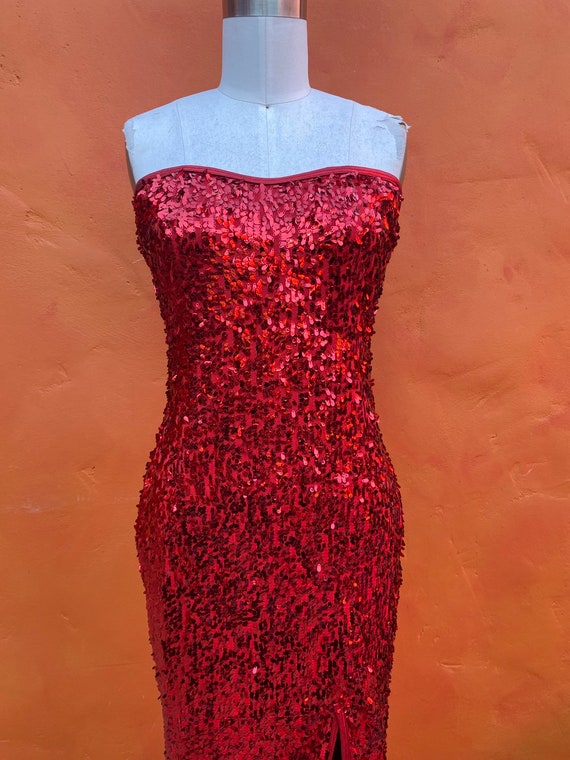 Sexy Vintage 1970s 1980s Strapless Red Sequined M… - image 3