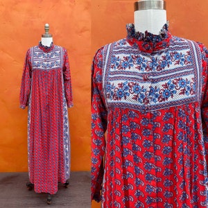 Vintage 1970s Ramona Rull Dress Cotton Hand Blocked Print Caftan Maxi Boho bohemian dress xs small Size 0 2 4 6 image 5