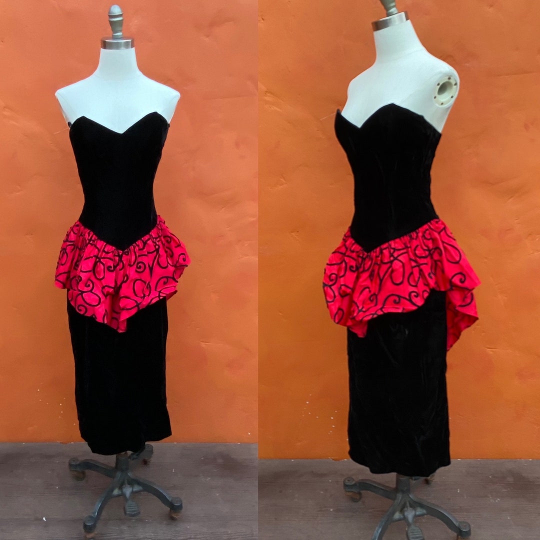 XL 1980s Black Prom Dress Strapless Velvet Plaid Formal Evening main image 0