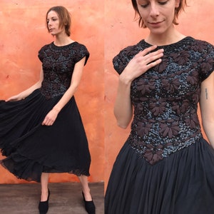 Gorgeous Vintage 1980s does 1950s Black Party Dress. 1950s style swing dress. Evening Dress. Beaded Ribbon Chiffon Size 6 8 Small Med