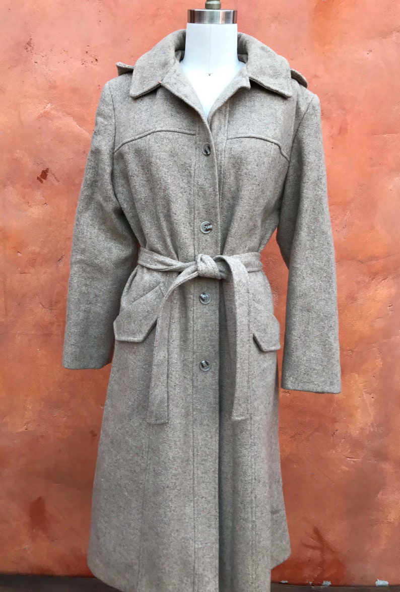 Taupe 70s womens trench winter coat Vintage Women/'s 1970s Long Belted Wool Jacket Coat with Hood Medium Large Size 10 12 14