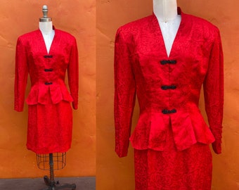 Vintage 1980s does 1940s 2 piece silk suit. 1980s does 1940s suit. Blazer Skirt Red