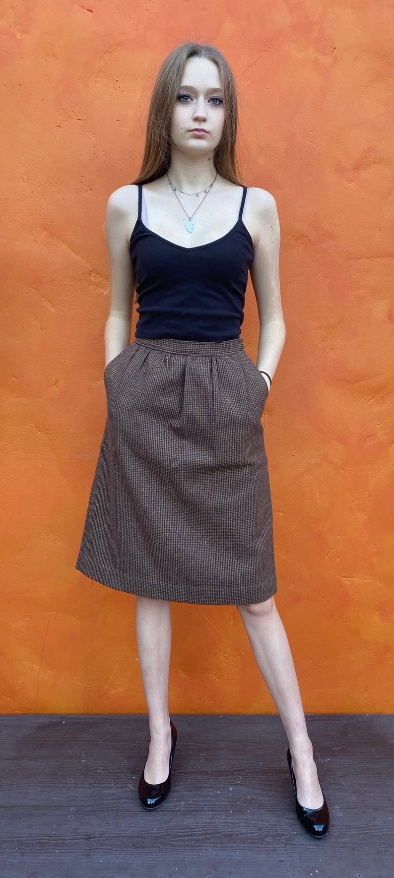 Dark Academia Tailored 1930s 1940s Land Girls Peaky Blinders xs Size 0 2 Vintage 1970s 1980s Brown Wool Houndstooth Pleated A-line Skirt