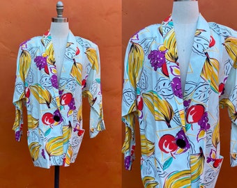 manteau de veste blazer floral vintage des années 1980 pour femmes. Fruit d'impression de nouveauté. New Wave blazer des années 90 blazer des années 80 glam rock maximaliste petit moyen grand