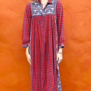 Vintage 1970s Ramona Rull Dress Cotton Hand Blocked Print Caftan Maxi Boho bohemian dress xs small Size 0 2 4 6 image 4