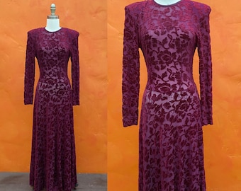 Vintage 90s does 1940s Cut Velvet Hollywood Glam Maxi Dress. Party Dress Cocktail Dress Evening Dress xs small Size 2 4 6