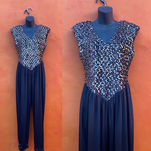 Tuta vintage da donna anni &#39;70 e &#39;80. Paillettes nere e argentate, stile discoteca, da cocktail, taglia M, L, 38, 40, 42, 44, 46, 48, 49, 50, 52, 54, 56, 58, 59, 60, 61, 62, 63, 64, 65, 66, 67, 68, 6