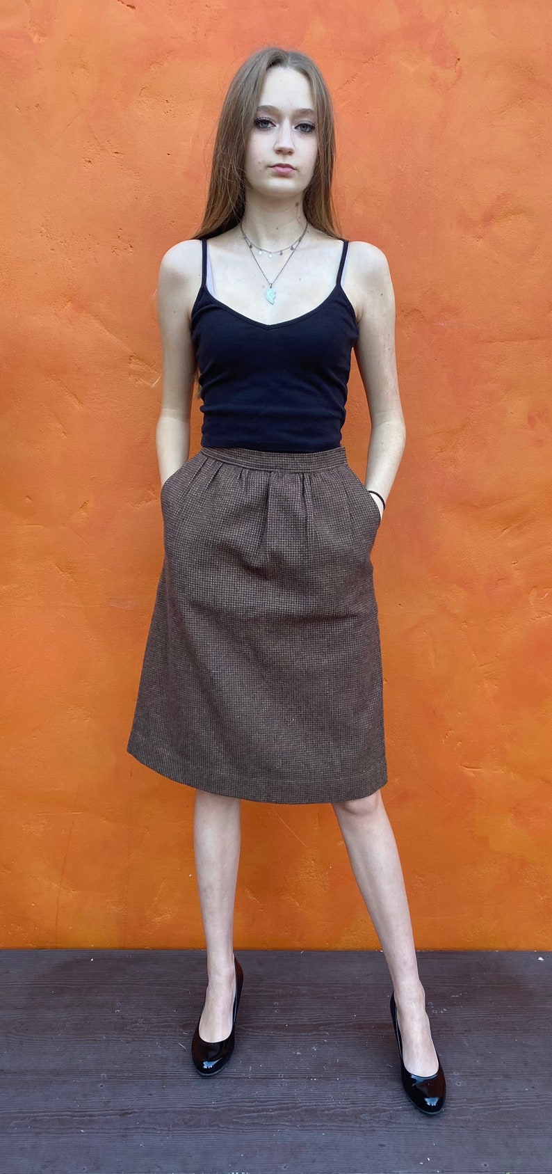 Dark Academia Tailored 1930s 1940s Land Girls Peaky Blinders xs Size 0 2 Vintage 1970s 1980s Brown Wool Houndstooth Pleated A-line Skirt