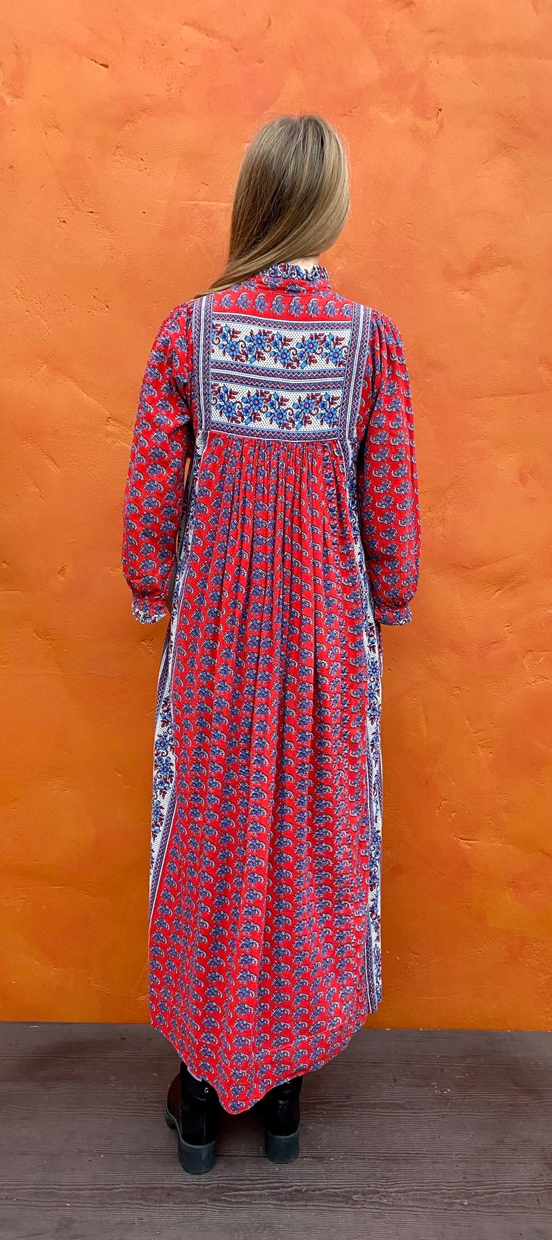 Vintage 1970s Ramona Rull Dress Cotton Hand Blocked Print Caftan Maxi Boho bohemian dress xs small Size 0 2 4 6 image 10