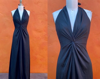 Sexy Slinky Vintage 1970s Black Halter Top Maxi Dress. Glam Boho Cocktail Party Night club Disco Designer Joy Stevens Small Size 4 6