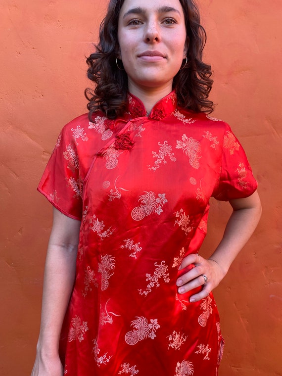 Vintage 1960s Red Asian Cheongsam wiggle Maxi Dre… - image 4