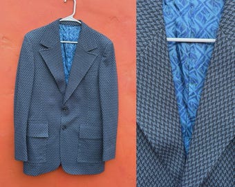 Groovy Vintage 1960s 1970s Men's Sport Coat Sportcoat Blazer. Large Houndstooth Fitted Slim Fit. 40R
