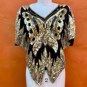 Vintage 1970s 1980s Silk Beaded Party Cocktail Top Blouse. Sequined Butterfly top. Evening Sequins Statement Disco Club small medium image 5