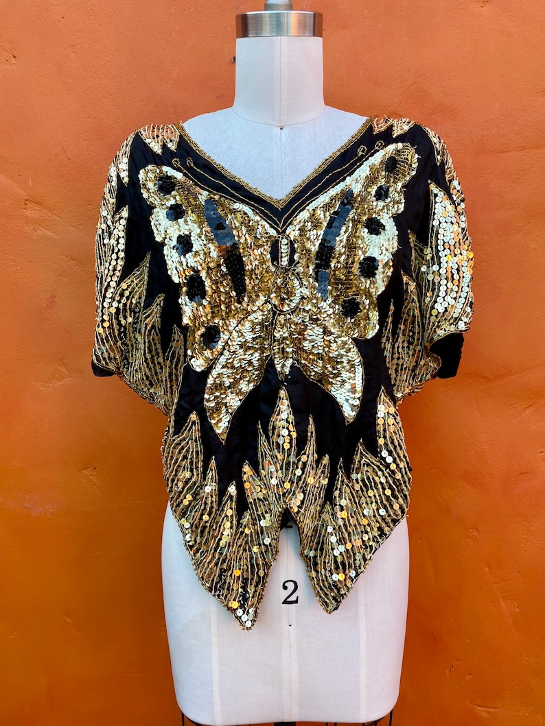 Vintage 1970s 1980s Silk Beaded Party Cocktail Top Blouse. Sequined Butterfly top. Evening Sequins Statement Disco Club small medium image 5