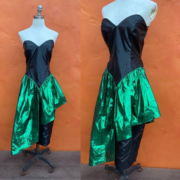 Robe de soirée vert métallisé noir sans bretelles vintage des années 1980. STATEMENT Robe de bal Robe de soirée Robe de cocktail Taille XS 0 2