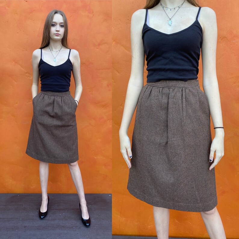 Dark Academia Tailored 1930s 1940s Land Girls Peaky Blinders xs Size 0 2 Vintage 1970s 1980s Brown Wool Houndstooth Pleated A-line Skirt