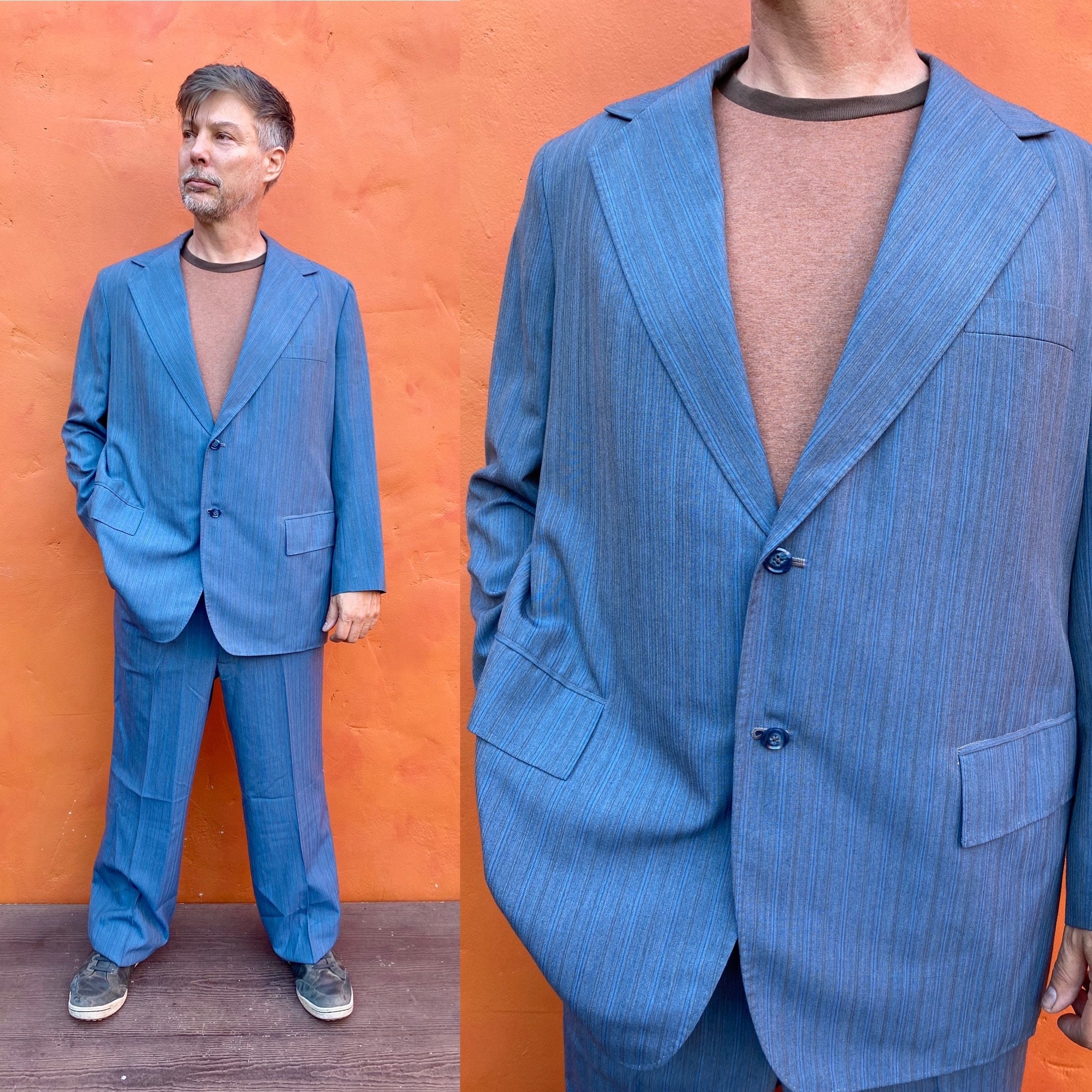 50s 60s vintage single‐breasted suit Vintage Men's 1950s 1960s Blue Gray Pinstriped Suit. Single