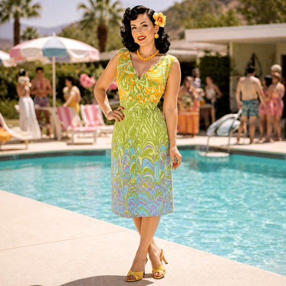 knee length wiggle dress Gorgeous 1950s 1960s Colorful Dress. Opart Sheath Mod MCM Retro Modern Pinup Dress. Medium Size 8 10 Pastel Colors Vintage dresses