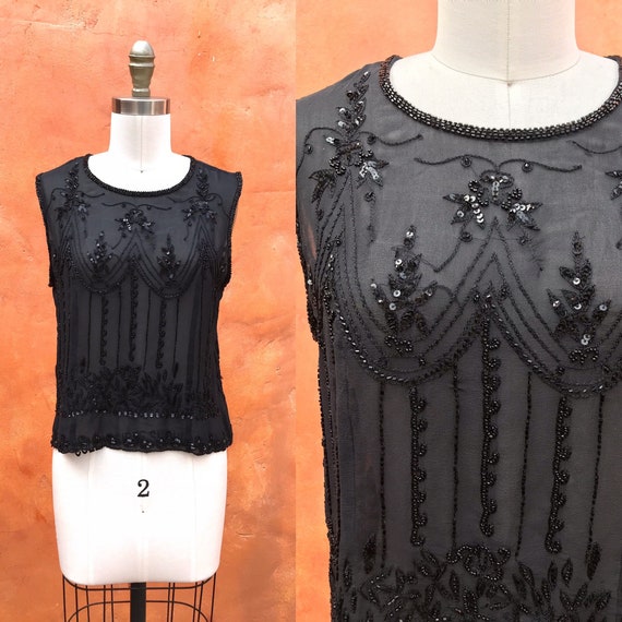 Vintage Y2K Sheer Black Beaded Tank Blouse top xs