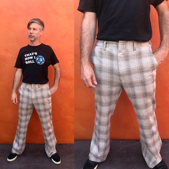 Vintage 1970s Men's Brown Tan Plaid Pants. 70s pla