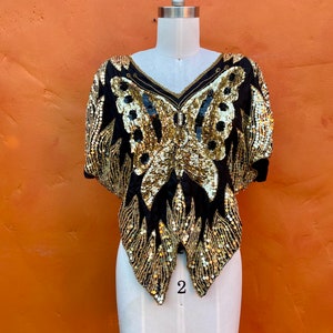 Vintage 1970s 1980s Silk Beaded Party Cocktail Top Blouse. Sequined Butterfly top. Evening Sequins Statement Disco Club small medium image 8