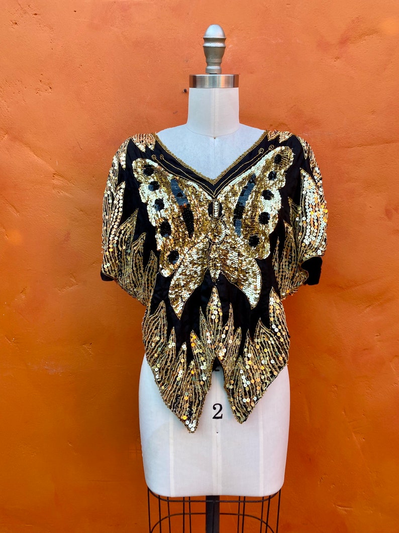 Vintage 1970s 1980s Silk Beaded Party Cocktail Top Blouse. Sequined Butterfly top. Evening Sequins Statement Disco Club small medium image 8