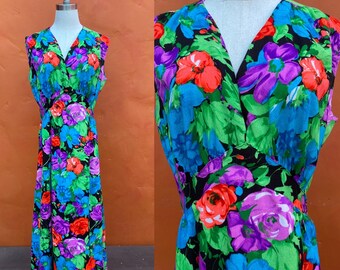 Vintage 1960s 1970s Hawaiian Floral Maxi Dress. Hostess Dress Luau Cruise Summer Beach Party. Large size 12 14