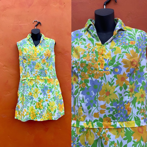 Vintage 1960s Mod Mini Dress. Skort Romper Shorts. Yellow Green Orange Floral. Colorful retro mod mini dress Size small medium 4 6 8