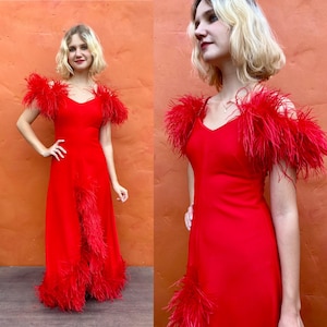Vintage 1970s Red Maxi Dress. Rhinestones Feather boa trim 70s boho hippie Hostess Dress party cocktail.