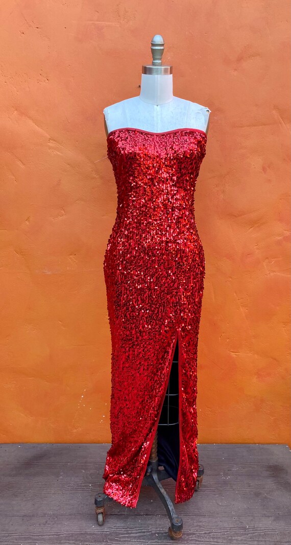 Sexy Vintage 1970s 1980s Strapless Red Sequined M… - image 6