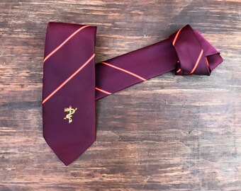 Vintage 1960s Neck Tie - Burgundy Gold Diagonal Stripes + Chinese Dragon crest Striped Tie Mid century modern necktie Mid century menswear