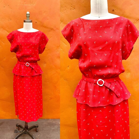 Vintage 1970s does 1940s REd Belted Peplum Dress.
