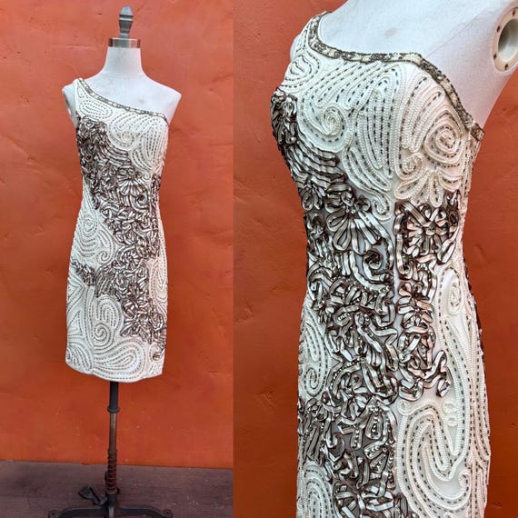 sue wong beaded cocktail dress Vintage 1990s Y2K Designer Dress. Beaded. Wiggle Dress. Mini Dress. Party Dress Xs Size 0 2 30taxmas25