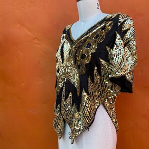 Vintage 1970s 1980s Silk Beaded Party Cocktail Top Blouse. Sequined Butterfly top. Evening Sequins Statement Disco Club small medium image 3