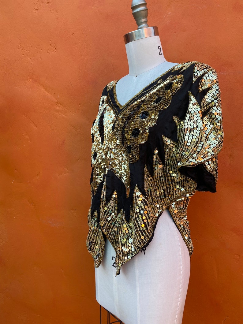 Vintage 1970s 1980s Silk Beaded Party Cocktail Top Blouse. Sequined Butterfly top. Evening Sequins Statement Disco Club small medium image 3