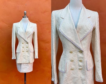 Vintage Women's 1990s Y2K ESCADA Skirt Set Skirt Suit Mini skirt + oversized Blazer. Designer couture. Statement suit xs Size 0 2