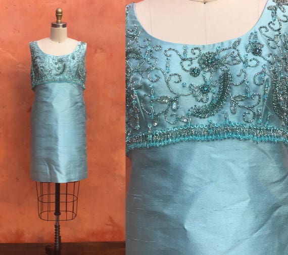 Vintage 1960s Pastel Aqua Blue Beaded Cocktail Par