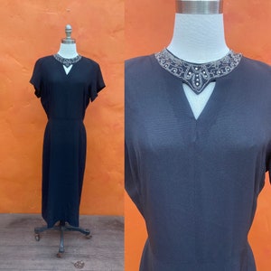 Vintage beaded black 1940s dress. 1940s cocktail dress. 1940s party dress 1930s dress 30s cocktail dress Large XL Size 12 14 16 pinup plus