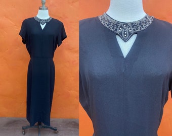 Vintage beaded black 1940s dress. 1940s cocktail dress. 1940s party dress Medium Large Size 10 12