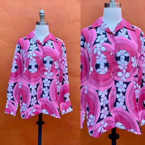 Vintage 1960s 1970s Pink Gray Opart Print Shirt. 60s shirt rockabilly retro modern xs small medium 2 4 6 8