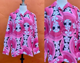Vintage 1960s 1970s Pink Gray Opart Print Shirt. 60s shirt rockabilly retro modern xs small medium 2 4 6 8
