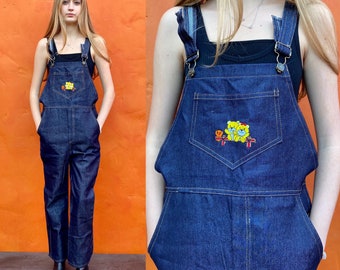 Vintage 1990s Women's Overalls DEADSTOCK Blue Jean Denim Teddy Bear patch xs small Size 0 2 4