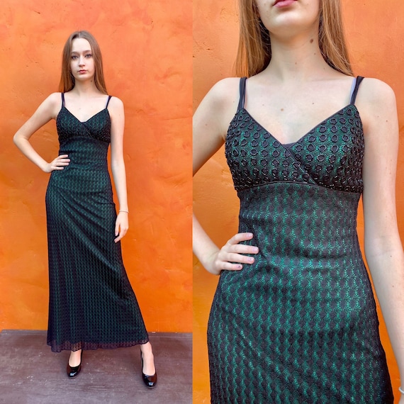 Vintage 1990s Green and Black Beaded CACHE Maxi Dr