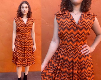 Vintage 1960s 1970s Fit Flare Opart Midi Dress. Statement Maximalist Funky Modern psychedelic Mod Medium Large size 10 12